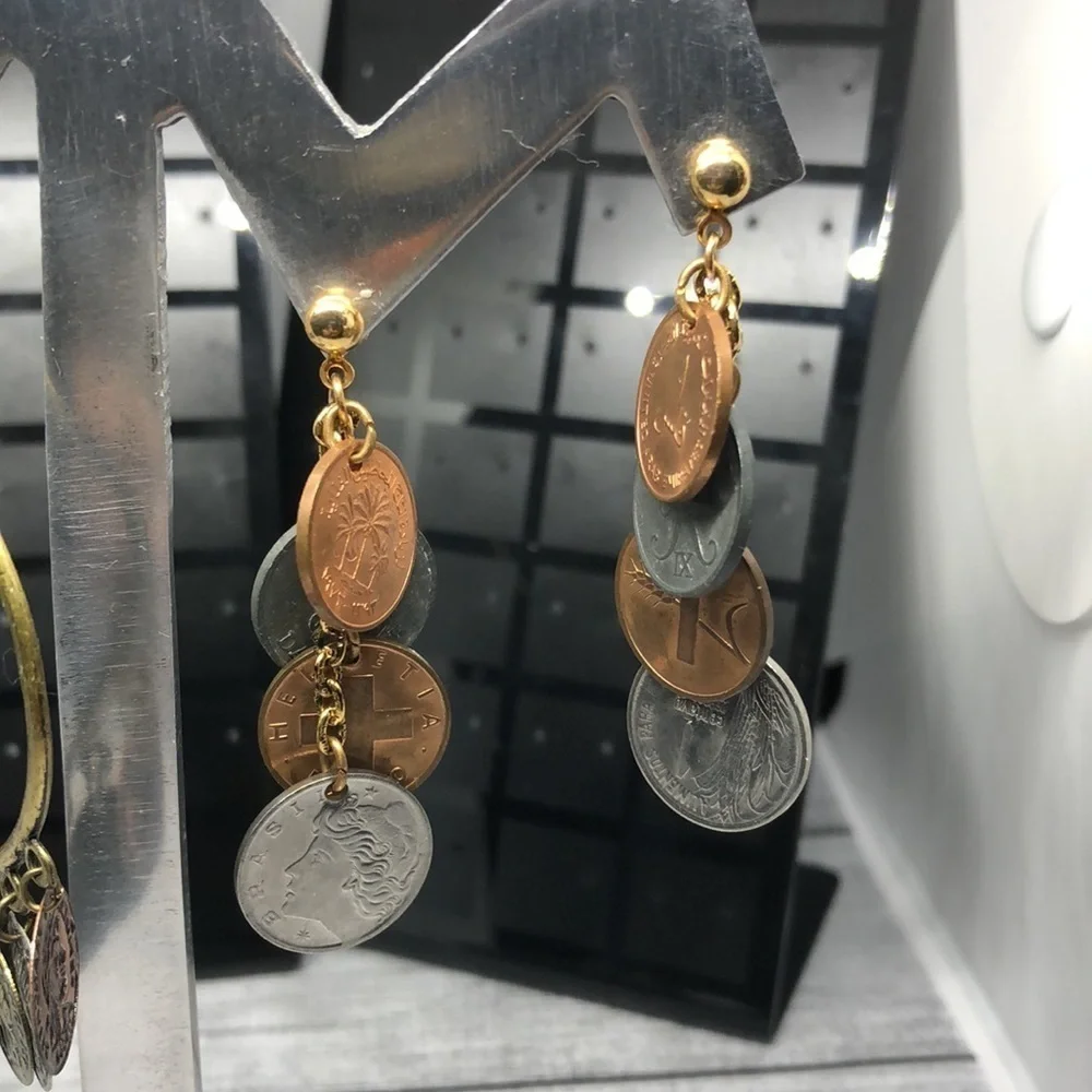 Curated bundle lot 2 coin charm boho style statement earrings long.